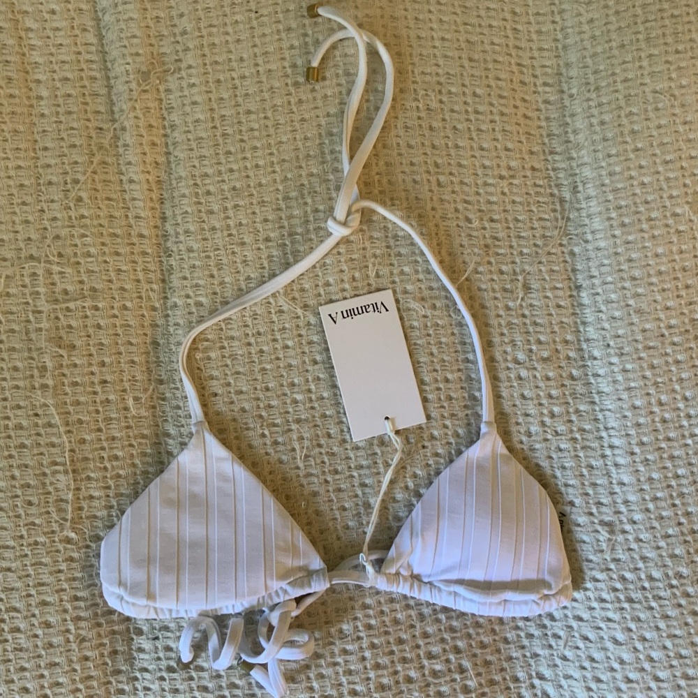 Vitamin A Gia Triangle Top White Ribbed Stripe Bikini Swim Top XS NWT